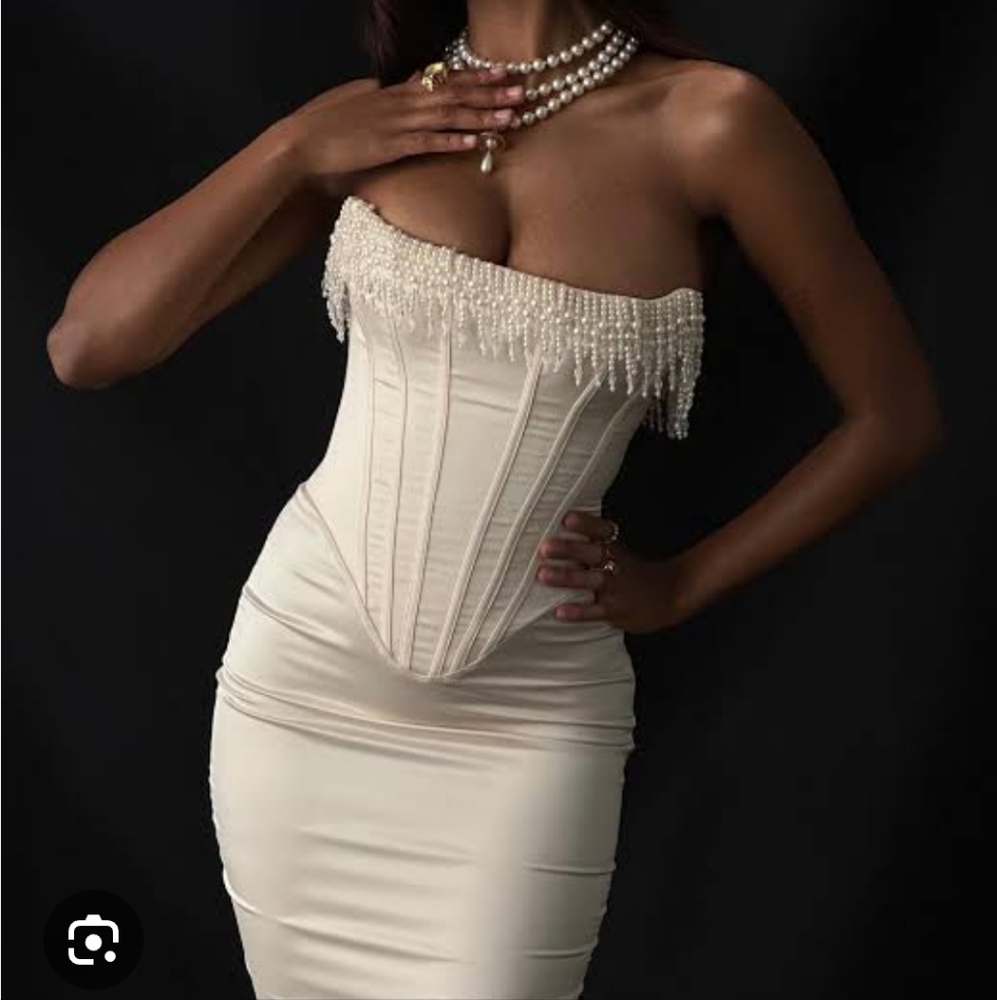 Nalita House of Cb vintage cream pearl embellished midi corset dress